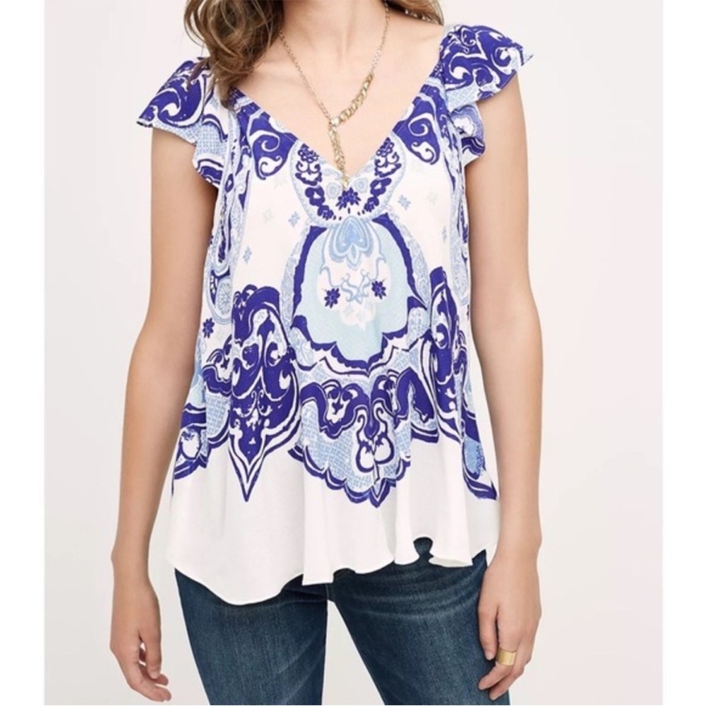 Maeve Anthropologie Women's Blue and White Printed Top xs small blouse tank top